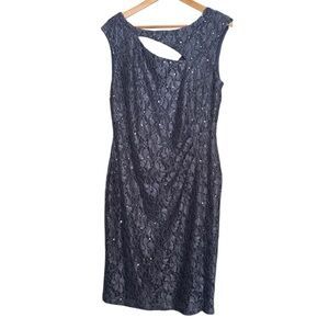 VTG Y2K Connected Apparel Blue Lace Sparkle Sequin Ruched Cutout Sheath Dress 12